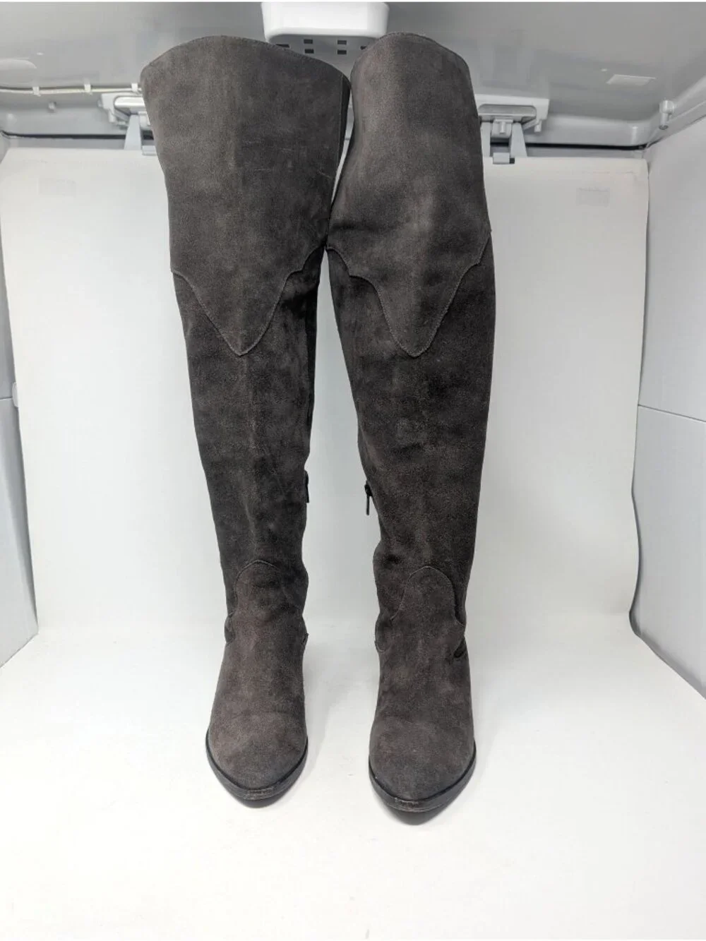 Frye Over Knee Suede Boots 8 Gray Leather Heel